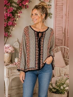 Dina Be Boho Tie Front Blouse Small Cream Coral Black Crochet Trim Top